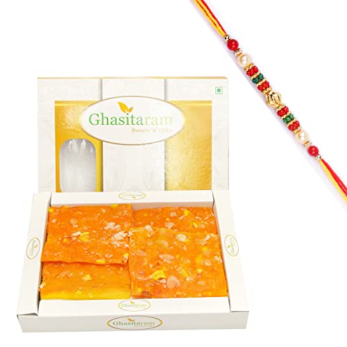 Ghasitaram Gifts Rakhi Gifts for Brothers Rakhi Sweets - Orange Ice Halwa (400 GMS) with Beads Rakhi von Ghasitaram Gifts