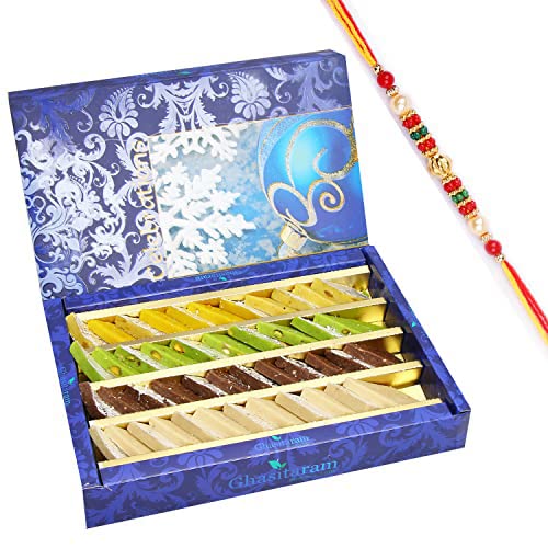 Ghasitaram Gifts Rakhi Gifts for Brothers Rakhi Sweets - Pure Assorted Kaju Katlis 800 GMS with Beads Rakhi von Ghasitaram Gifts