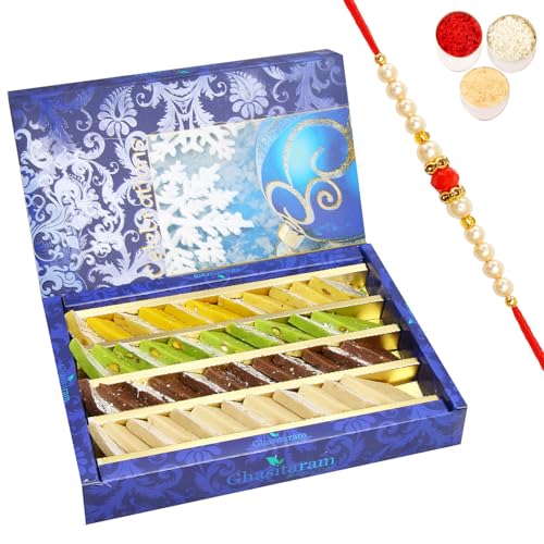 Ghasitaram Gifts Rakhi Gifts for Brothers Rakhi Sweets - Pure Assorted Kaju Katlis 800 GMS with Beads Rakhi von Ghasitaram Gifts