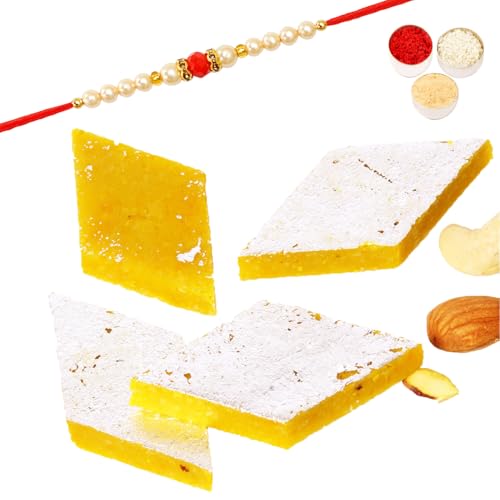 Ghasitaram Gifts Rakhi Gifts for Brothers Rakhi Sweets - Pure KESARI KAJU KATLI (800 GMS) with Beads Rakhi von Ghasitaram Gifts