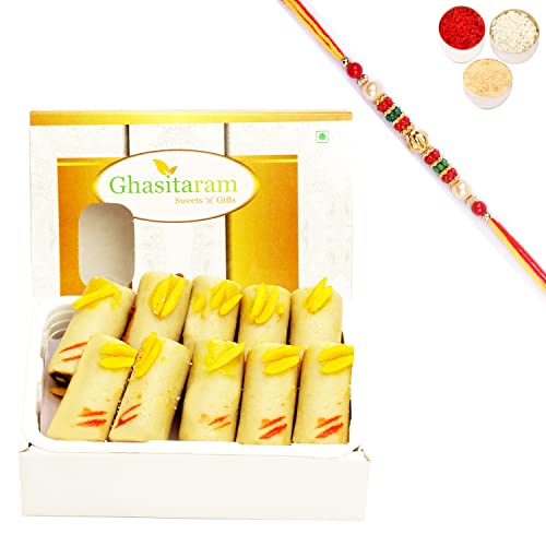 Ghasitaram Gifts Rakhi Gifts for Brothers Rakhi Sweets - Pure Kaju Roll (200 GMS) with Beads Rakhi von Ghasitaram Gifts