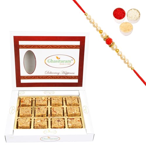 Ghasitaram Gifts Rakhi Gifts for Brothers Rakhi Sweets - Pure Walnut Barfi 12 pcs with Beads Rakhi von Ghasitaram Gifts