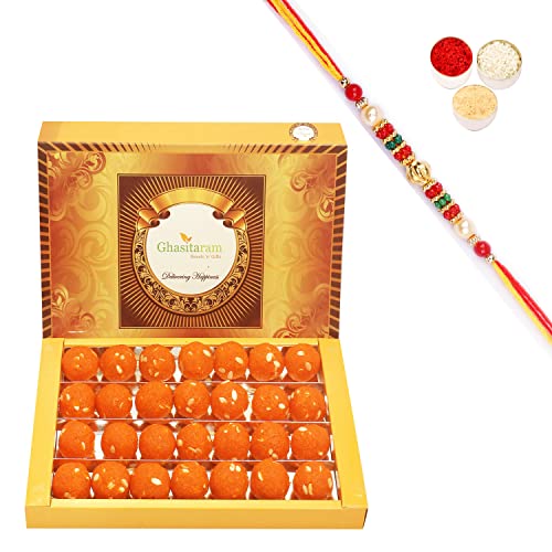 Ghasitaram Gifts Rakhi Gifts for Brothers Rakhi Sweets - Rakhi Gifts Sweets-Motichoor Laddoo Box (800 GMS) with Pearl Beads Rakhi von Ghasitaram Gifts