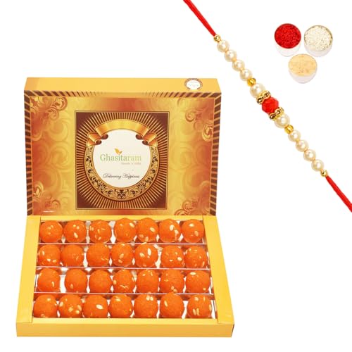 Ghasitaram Gifts Rakhi Gifts for Brothers Rakhi Sweets - Rakhi Gifts Sweets-Motichoor Laddoo Box (800 GMS) with Pearl Beads Rakhi von Ghasitaram Gifts