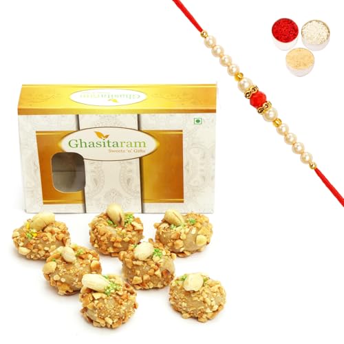 Ghasitaram Gifts Rakhi Gifts for Brothers Rakhi Sweets - Roasted Kaju Laddoo (200 GMS) with Beads Rakhi von Ghasitaram Gifts