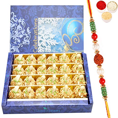 Ghasitaram Gifts Rakhi Gifts for Brothers Rakhi Sweets - Roasted Kaju Laddoo (800 GMS) with Beads Rakhi von Ghasitaram Gifts