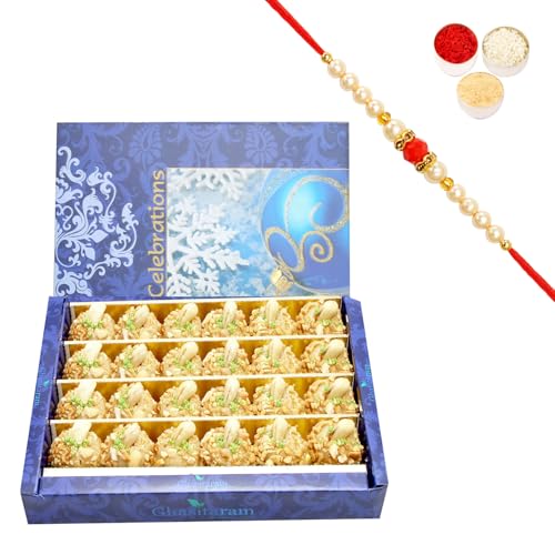 Ghasitaram Gifts Rakhi Gifts for Brothers Rakhi Sweets - Roasted Kaju Laddoo (800 GMS) with Beads Rakhi von Ghasitaram Gifts