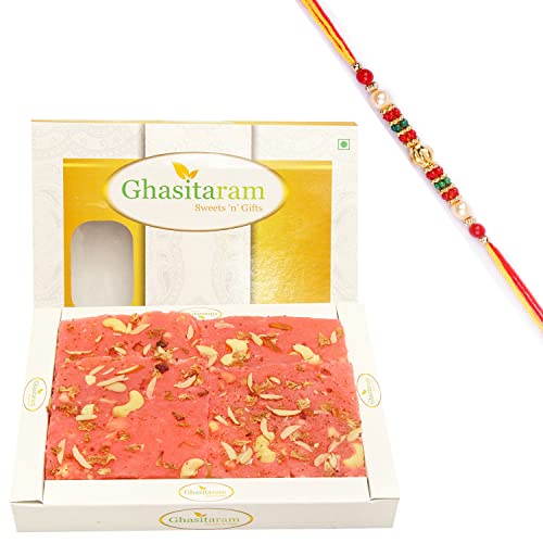 Ghasitaram Gifts Rakhi Gifts for Brothers Rakhi Sweets - Rose Ice Halwa (400 GMS) with Beads Rakhi von Ghasitaram Gifts