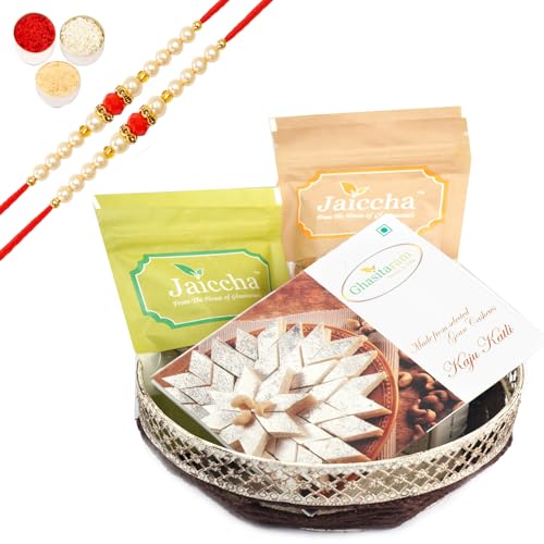 Ghasitaram Gifts Rakhi Gifts for Brothers Rakhi Sweets - Round Basket of Almonds, Raisins and Kaju Katlis. with 2 Beads Rakhis Ghasitaram Gifts Rakhi Gifts for Brothers Rakhi Sweets - Round Basket of Almonds, Raisins and Kaju Katlis. with 2 Beads Rakhis von Ghasitaram Gifts