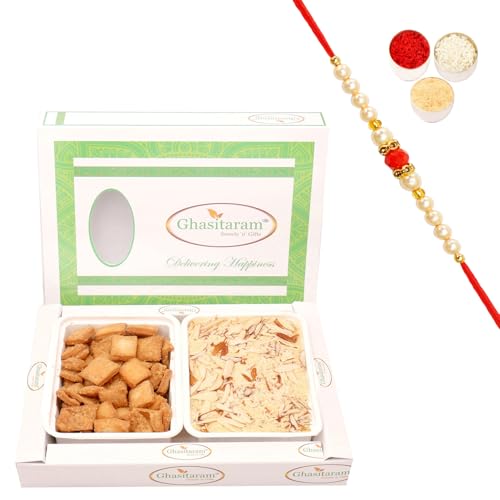 Ghasitaram Gifts Rakhi Gifts for Brothers Rakhi Sweets - Shakar Pada and Soan Papdi Hamper with Beads Rakhi von Ghasitaram Gifts