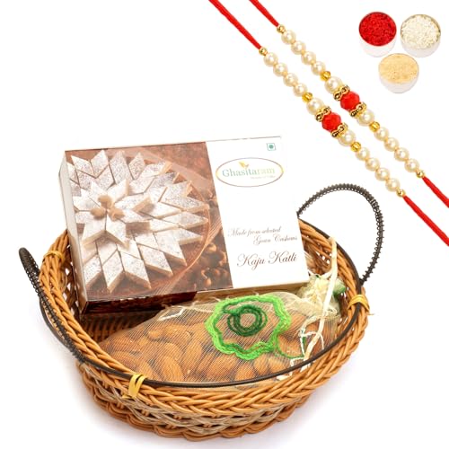 Ghasitaram Gifts Rakhi Gifts for Brothers Rakhi Sweets - Small Cane Basket with Kaju Katli and Almonds Pouch with 2 Beads Rakhis Ghasitaram Gifts Rakhi Gifts for Brothers Rakhi Sweets - Small Cane Basket with Kaju Katli and Almonds Pouch with 2 Beads Rakhis von Ghasitaram Gifts