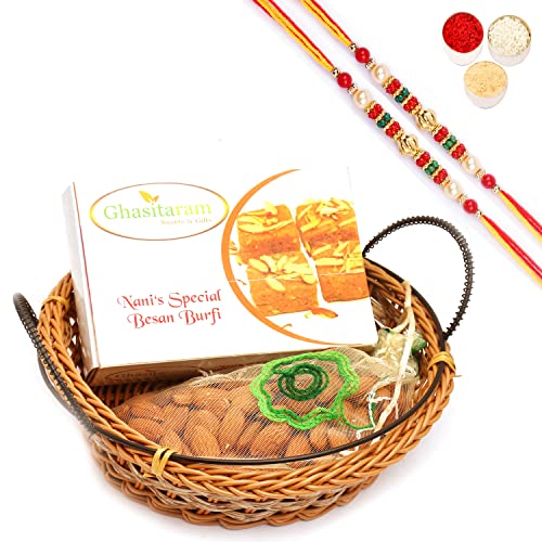 Ghasitaram Gifts Rakhi Gifts for Brothers Rakhi Sweets - Small Cane Basket with Nani's Spl Besan Barfi and Almonds Pouch with 2 Beads Rakhis von Ghasitaram Gifts