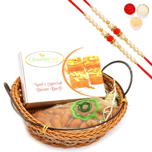 Ghasitaram Gifts Rakhi Gifts for Brothers Rakhi Sweets - Small Cane Basket with Nani's Spl Besan Barfi and Almonds Pouch with 2 Beads Rakhis von Ghasitaram Gifts