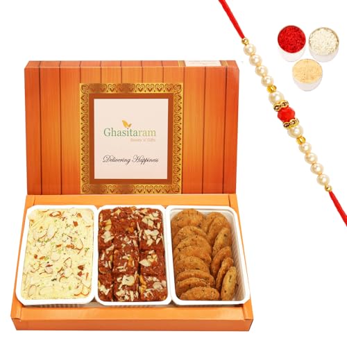 Ghasitaram Gifts Rakhi Gifts for Brothers Rakhi Sweets - Soan Papdi, Dodha Barfi and Methi Mathi with Beads Rakhi Ghasitaram Gifts Rakhi Gifts for Brothers Rakhi Sweets - Soan Papdi, Dodha Barfi and Methi Mathi with Beads Rakhi von Ghasitaram Gifts
