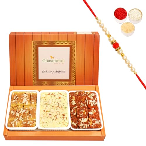 Ghasitaram Gifts Rakhi Gifts for Brothers Rakhi Sweets - Soan Papdi, Dodha Barfi and Soft Mysore Pak with Beads Rakhi von Ghasitaram Gifts