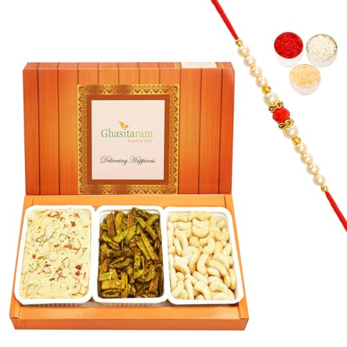 Ghasitaram Gifts Rakhi Gifts for Brothers Rakhi Sweets - Soan Papdi,Cashew Shaped Biscuits and Palak Potato Chips with Beads Rakhi von Ghasitaram Gifts