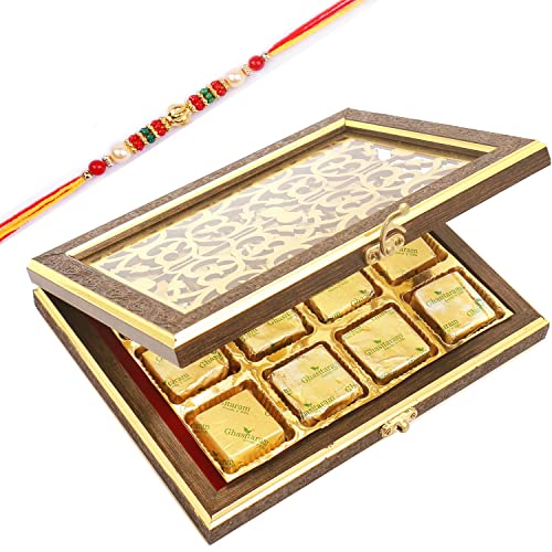 Ghasitaram Gifts Rakhi Gifts for Brothers Rakhi Sweets - Wooden Lazer 12 pcs MEWA Bites Box with Beads Rakhi von Ghasitaram Gifts