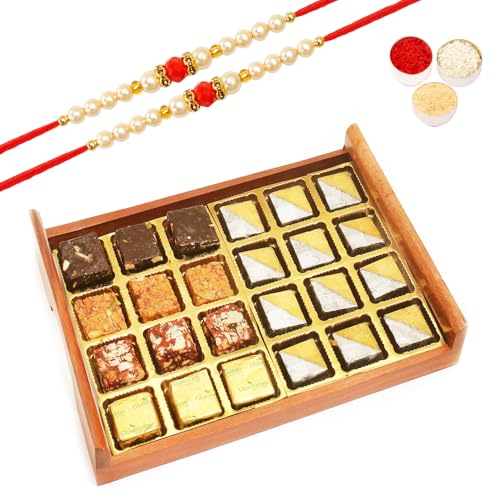 Ghasitaram Gifts Rakhi Gifts for Brothers Rakhi Sweets - Wooden Sheen Chocolates and Assorted Bites Serving Tray with 2 Beads Rakhi von Ghasitaram Gifts