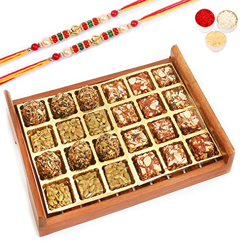 Ghasitaram Gifts Rakhi Gifts for Brothers Rakhi Sweets - Wooden Sugarfree Sweets and Healthy Seeds Bites Serving Tray with 2 Beads Rakhi von Ghasitaram Gifts