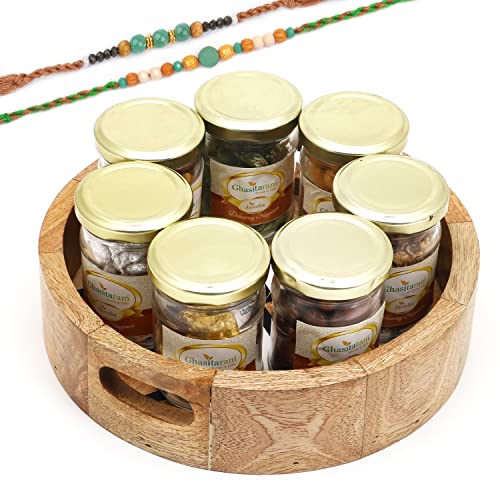 Ghasitaram Gifts Rakhi Gifts for Brothers Round Printed Wooden Tray of 7 Jars with Silver Elaichi with 2 Green Beads Rakhis von Ghasitaram Gifts
