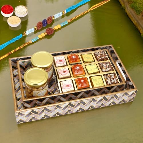 Ghasitaram Gifts Rakhi Gifts for Brothers Set of 2 Printed Blue Trays of Assorted Bites, Roasted Cashews and Almonds Jars with 2 Blue Rudraksh Rakhis Ghasitaram Gifts Rakhi Gifts for Brothers Set of 2 Printed Blue Trays of Assorted Bites, Roasted Cashews and Almonds Jars with 2 Blue Rudraksh Rakhis von Ghasitaram Gifts