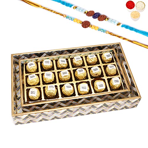 Ghasitaram Gifts Rakhi Gifts for Brothers Set of 2 Printed Blue Trays of Channa Laddoos with 2 Blue Rudraksh Rakhis von Ghasitaram Gifts