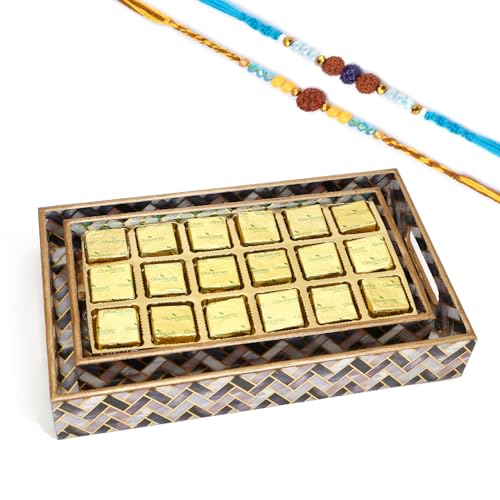 Ghasitaram Gifts Rakhi Gifts for Brothers Set of 2 Printed Blue Trays of MEWA Bites with 2 Blue Rudraksh Rakhis von Ghasitaram Gifts