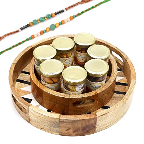 Ghasitaram Gifts Rakhi Gifts for Brothers Set of 2 Round Printed Wooden Trays of 7 Jars with 2 Green Beads Rakhis von Ghasitaram Gifts