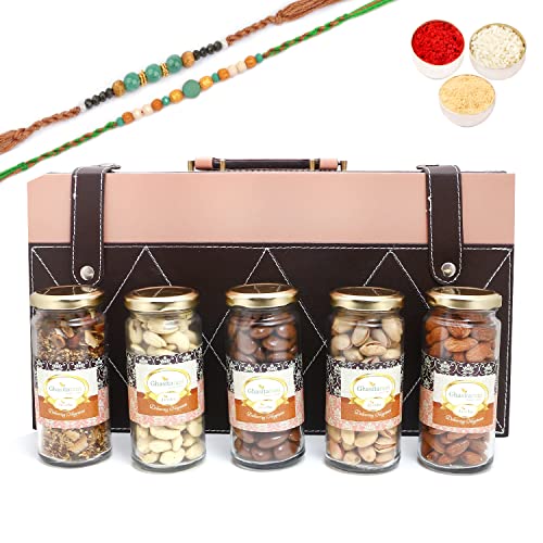 Ghasitaram Gifts Rakhi Gifts for Brothers Signature Wooden Box Wooden with 5 Assortments Variation with 2 Green Beads Rakhis von Ghasitaram Gifts