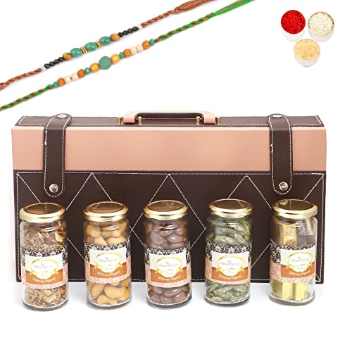 Ghasitaram Gifts Rakhi Gifts for Brothers Signature Wooden Box Wooden with 5 Assortments with 2 Green Beads Rakhis von Ghasitaram Gifts