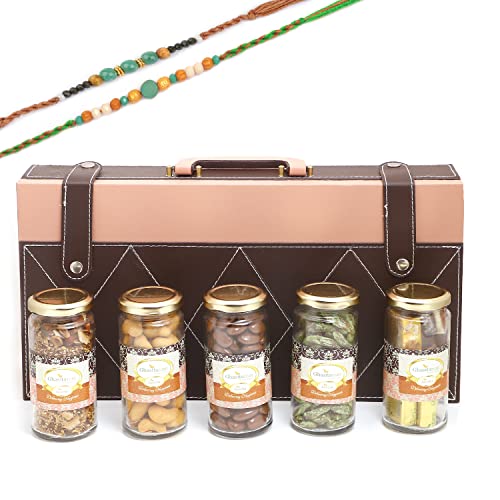 Ghasitaram Gifts Rakhi Gifts for Brothers Signature Wooden Box Wooden with 5 Assortments with 2 Green Beads Rakhis von Ghasitaram Gifts