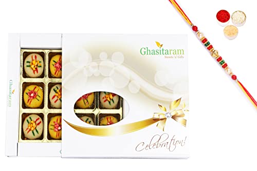 Ghasitaram Gifts Rakhi Gifts for Brothers Sugarfree Assorted Mawa Peda 12 pcs White Box-350gms with Beads Rakhi von Ghasitaram Gifts