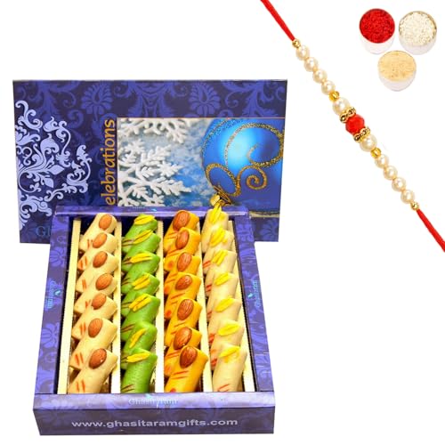 Ghasitaram Gifts Rakhi Gifts for Brothers Sugarfree Assorted Rolls Box 800 GMS with Beads Rakhi von Ghasitaram Gifts