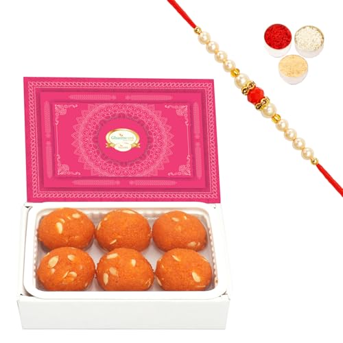 Ghasitaram Gifts Rakhi Gifts for Brothers Sugarfree Motichoor Ladoo Box 200 GMS with Beads Rakhi von Ghasitaram Gifts