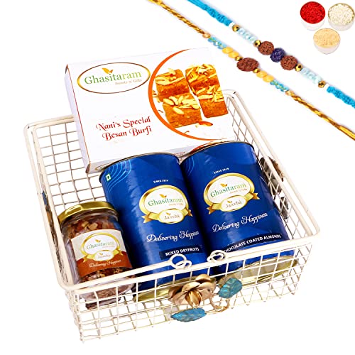 Ghasitaram Gifts Rakhi Gifts for Brothers White Metal Basket of 2 cans of dryfruits, Mukhwas and Besan Barfi with 2 Blue Rudraksh Rakhis von Ghasitaram Gifts