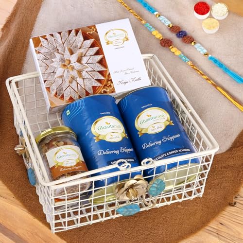 Ghasitaram Gifts Rakhi Gifts for Brothers White Metal Basket of 2 cans of dryfruits, Mukhwas and Kaju Katlis with 2 Blue Rudraksh Rakhis von Ghasitaram Gifts