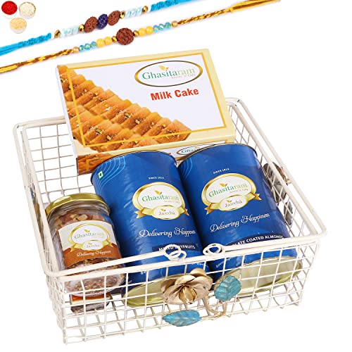 Ghasitaram Gifts Rakhi Gifts for Brothers White Metal Basket of 2 cans of dryfruits, Mukhwas and Milk Cake with 2 Blue Rudraksh Rakhis Ghasitaram Gifts Rakhi Gifts for Brothers White Metal Basket of 2 cans of dryfruits, Mukhwas and Milk Cake with 2 Blue Rudraksh Rakhis von Ghasitaram Gifts