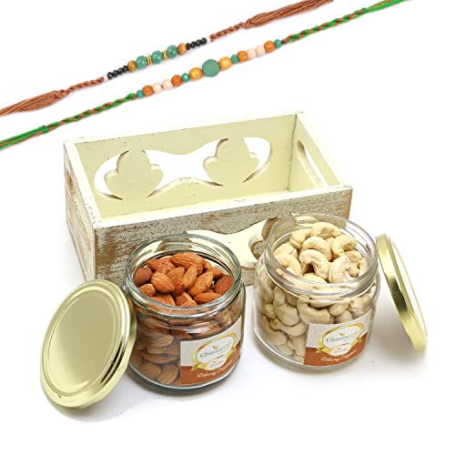 Ghasitaram Gifts Rakhi Gifts for Brothers White Wooden Tray of 2 Jars of Cashews and Almonds with 2 Green Beads Rakhis von Ghasitaram Gifts
