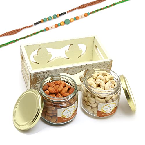 Ghasitaram Gifts Rakhi Gifts for Brothers White Wooden Tray of 2 Jars of Cashews and Almonds with 2 Green Beads Rakhis Ghasitaram Gifts Rakhi Gifts for Brothers White Wooden Tray of 2 Jars of Cashews and Almonds with 2 Green Beads Rakhis von Ghasitaram Gifts