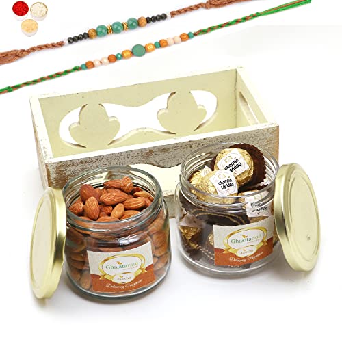 Ghasitaram Gifts Rakhi Gifts for Brothers White Wooden Tray of 2 Jars of Channa Laddoo and Almonds with 2 Green Beads Rakhis von Ghasitaram Gifts