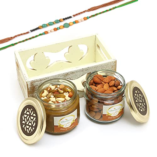 Ghasitaram Gifts Rakhi Gifts for Brothers White Wooden Tray of 2 Jars of Dryfruit Halwa and Almonds with 2 Green Beads Rakhis von Ghasitaram Gifts