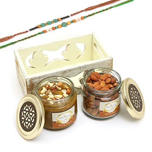 Ghasitaram Gifts Rakhi Gifts for Brothers White Wooden Tray of 2 Jars of Dryfruit Halwa and Almonds with 2 Green Beads Rakhis Ghasitaram Gifts Rakhi Gifts for Brothers White Wooden Tray of 2 Jars of Dryfruit Halwa and Almonds with 2 Green Beads Rakhis von Ghasitaram Gifts