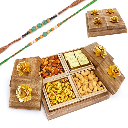 Ghasitaram Gifts Rakhi Gifts for Brothers Wooden 4 Assorted Dryfruits Box with 2 Green Beads Rakhis von Ghasitaram Gifts