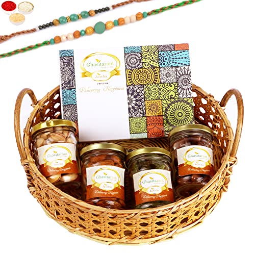 Ghasitaram Gifts Rakhi Gifts for Brothers Wooden Cane Round Basket of 4 Assorted Nuts and Assorted Bites with 2 Green Beads Rakhis Ghasitaram Gifts Rakhi Gifts for Brothers Wooden Cane Round Basket of 4 Assorted Nuts and Assorted Bites with 2 Green Beads Rakhis von Ghasitaram Gifts
