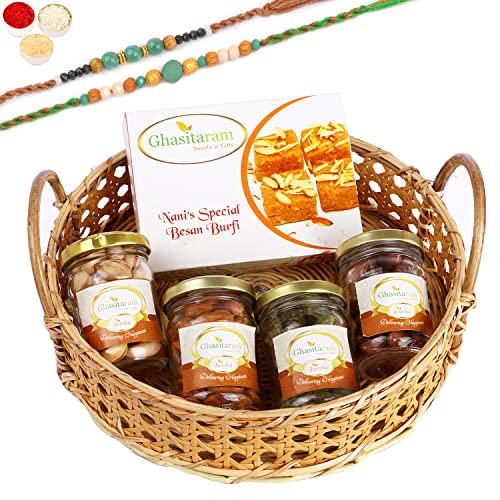 Ghasitaram Gifts Rakhi Gifts for Brothers Wooden Cane Round Basket of 4 Assorted Nuts and Besan Barfi with 2 Green Beads Rakhis Ghasitaram Gifts Rakhi Gifts for Brothers Wooden Cane Round Basket of 4 Assorted Nuts and Besan Barfi with 2 Green Beads Rakhis von Ghasitaram Gifts