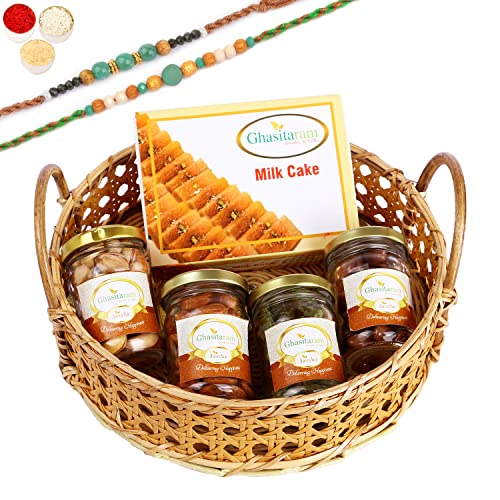 Ghasitaram Gifts Rakhi Gifts for Brothers Wooden Cane Round Basket of 4 Assorted Nuts and Milk Cake. with 2 Green Beads Rakhis Ghasitaram Gifts Rakhi Gifts for Brothers Wooden Cane Round Basket of 4 Assorted Nuts and Milk Cake. with 2 Green Beads Rakhis von Ghasitaram Gifts