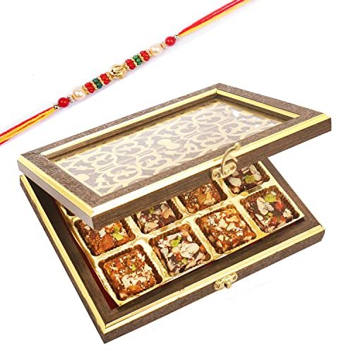 Ghasitaram Gifts Rakhi Gifts for Brothers Wooden Lazer 12 pcs Sugarfree Bites Box with Beads Rakhi von Ghasitaram Gifts