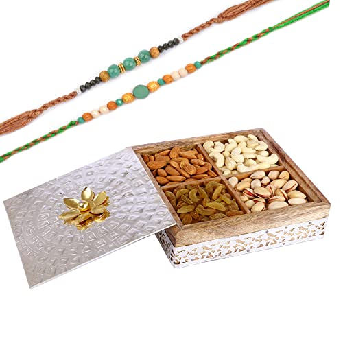 Ghasitaram Gifts Rakhi Gifts for Brothers Wooden Metal Box of 4 Dryfruits with 2 Green Beads Rakhis von Ghasitaram Gifts