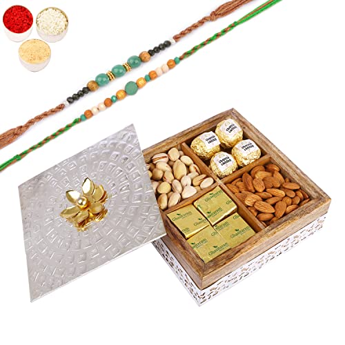 Ghasitaram Gifts Rakhi Gifts for Brothers Wooden Metal Box with Almonds, Pistachios, MEWA Bites and Channa Laddoo with 2 Green Beads Rakhis von Ghasitaram Gifts