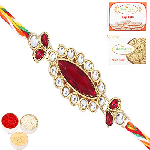 Ghasitaram Gifts Rakhi for Brother Rakhi for Brother Rakhis Online - Set of two J-3756 Big Oval Jewel Rakhi with 200 gms of Kaju katli and 200 gms of Soan Papdi von Ghasitaram Gifts